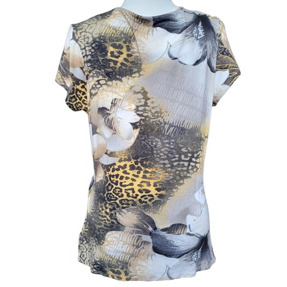 Vintage Beige and Brown Abstract Floral Faux Wrap Blouse Top Fits Size M, L & XL - Picture 3 of 10